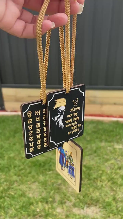 Chaar Sahibzade Car Hanging: Wooden Sikhism Rearview Mirror Accessory